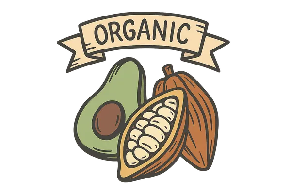 Illustrated organic badge with avocado and cacao